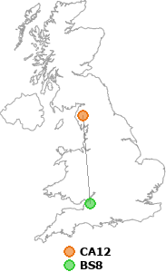 map showing distance between CA12 and BS8