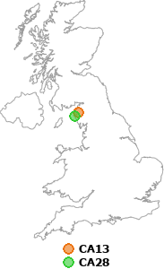 map showing distance between CA13 and CA28