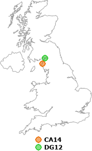 map showing distance between CA14 and DG12