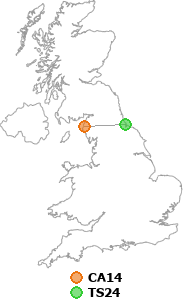 map showing distance between CA14 and TS24