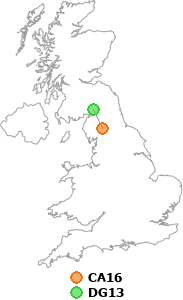 map showing distance between CA16 and DG13