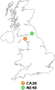 map showing distance between CA28 and NE48