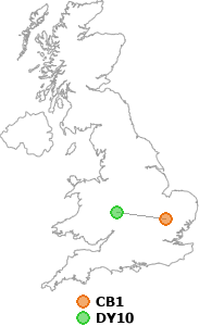 map showing distance between CB1 and DY10