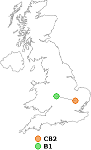 map showing distance between CB2 and B1