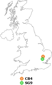 map showing distance between CB4 and SG9