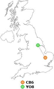 map showing distance between CB6 and YO8