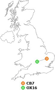 map showing distance between CB7 and OX16