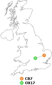 map showing distance between CB7 and OX17