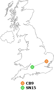 map showing distance between CB9 and SN15