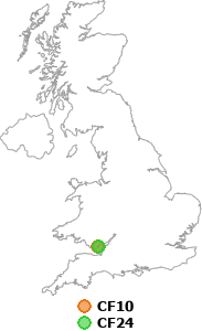 map showing distance between CF10 and CF24
