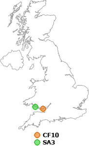 map showing distance between CF10 and SA3