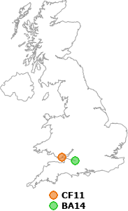 map showing distance between CF11 and BA14