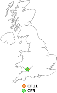 map showing distance between CF11 and CF5