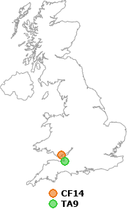 map showing distance between CF14 and TA9