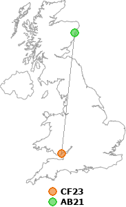 map showing distance between CF23 and AB21