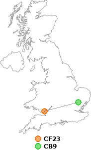 map showing distance between CF23 and CB9