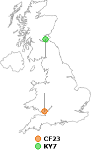 map showing distance between CF23 and KY7