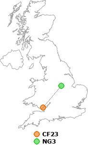 map showing distance between CF23 and NG3