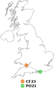 map showing distance between CF23 and PO21