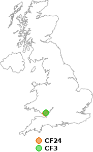 map showing distance between CF24 and CF3