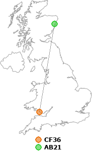 map showing distance between CF36 and AB21