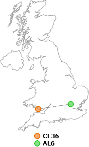 map showing distance between CF36 and AL6