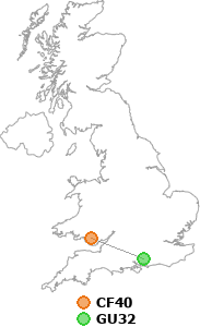 map showing distance between CF40 and GU32
