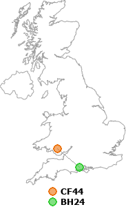 map showing distance between CF44 and BH24