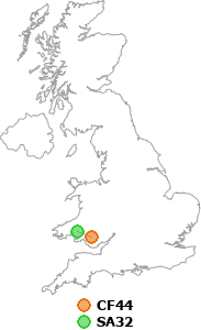 map showing distance between CF44 and SA32