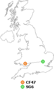 map showing distance between CF47 and SG6