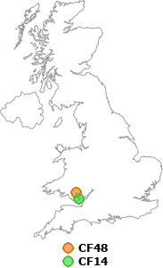 map showing distance between CF48 and CF14