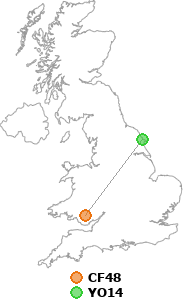 map showing distance between CF48 and YO14