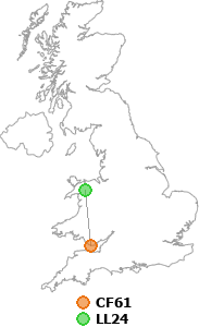map showing distance between CF61 and LL24