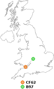 map showing distance between CF62 and B97