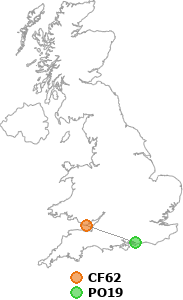 map showing distance between CF62 and PO19