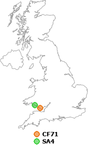 map showing distance between CF71 and SA4