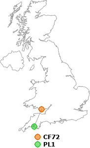 map showing distance between CF72 and PL1