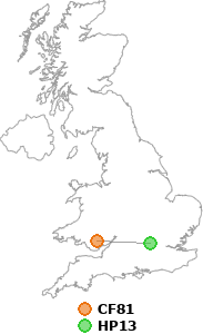 map showing distance between CF81 and HP13