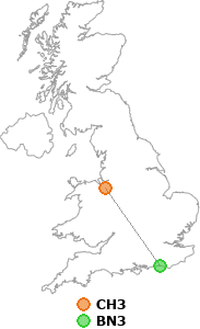 map showing distance between CH3 and BN3