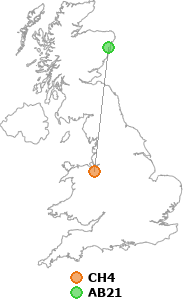 map showing distance between CH4 and AB21