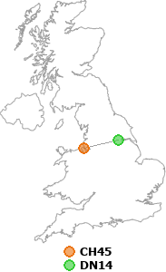 map showing distance between CH45 and DN14