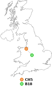 map showing distance between CH5 and B18