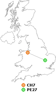 map showing distance between CH7 and PE27