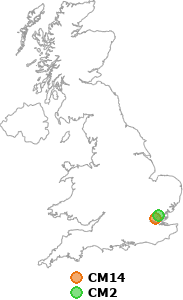 map showing distance between CM14 and CM2