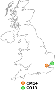 map showing distance between CM14 and CO13