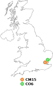 map showing distance between CM15 and CO6