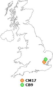 map showing distance between CM17 and CB9