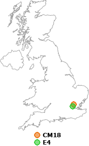 map showing distance between CM18 and E4