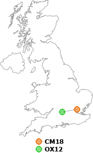 map showing distance between CM18 and OX12
