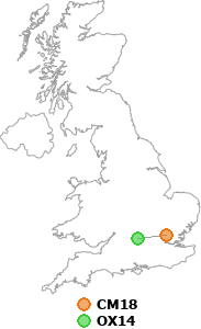 map showing distance between CM18 and OX14
